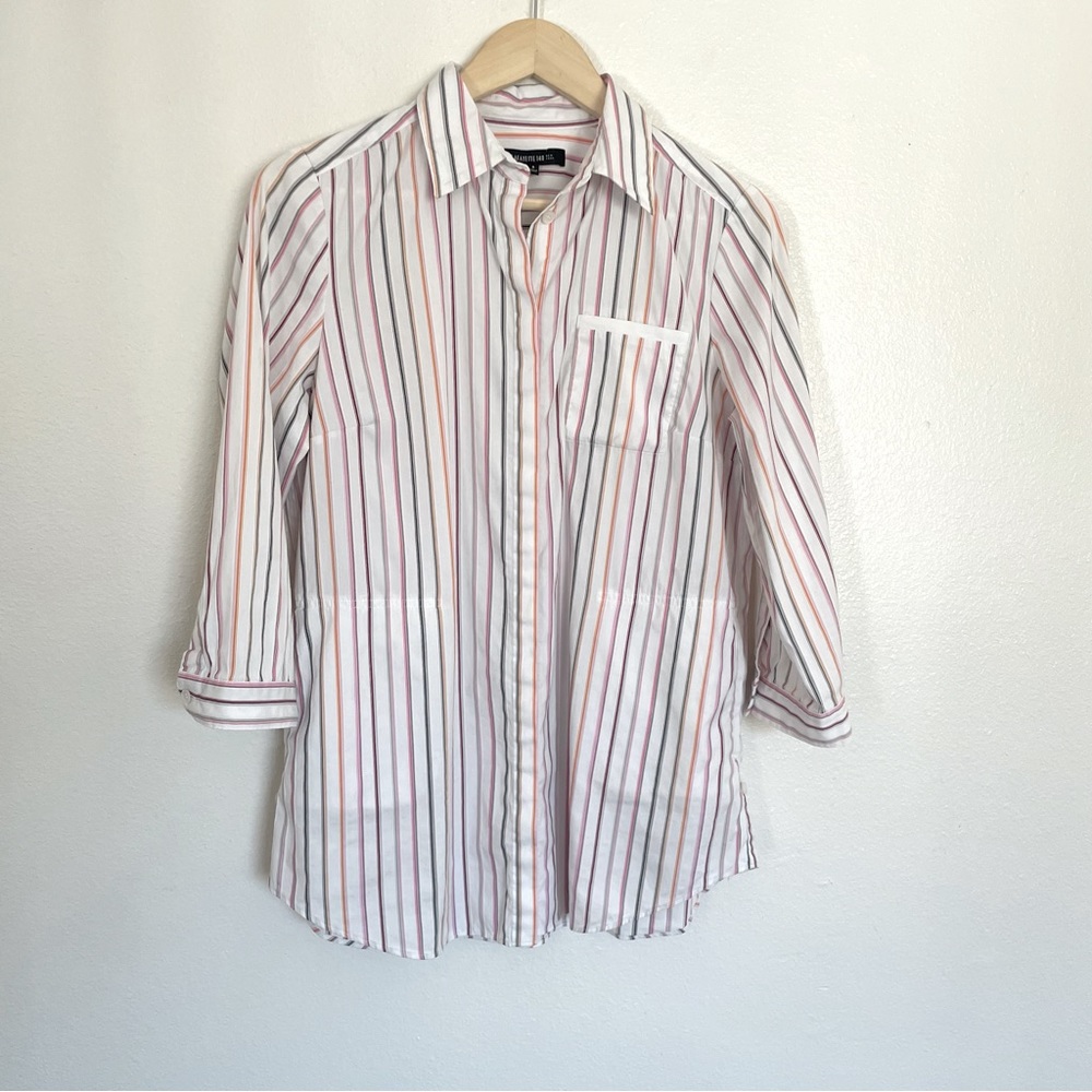 Lafayette 148 Woman’s 3/4 Sleeve Striped Button Down Shirt Sz 6 Office Academia